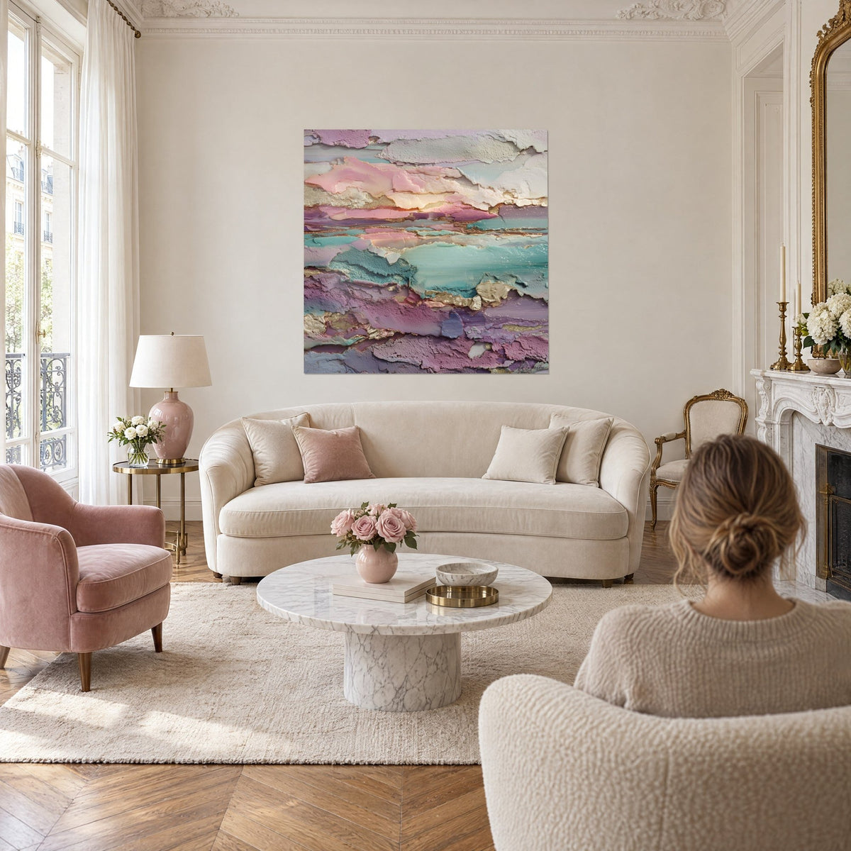 Tableau strates de peinture rose poudré et turquoise aux éclats d'or, personne de dos, au-dessus d'un canapé dans un salon lumineux