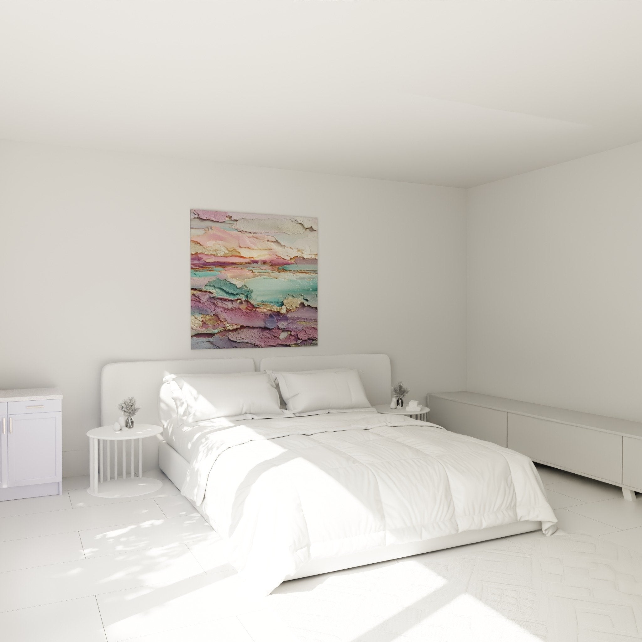 tableau abstrait pastel dore dans chambre moderne ambiance zen feng shui sud est bois decoration murale