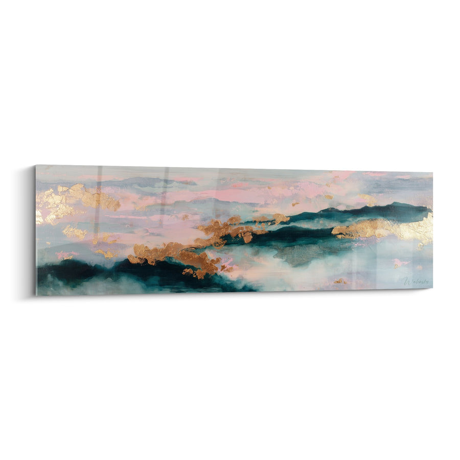 Tableau paysage abstrait rose doré et bleu canard avec nuages dorés - Harmonie Céleste - Edition Feng shui Sud-Est Bois
