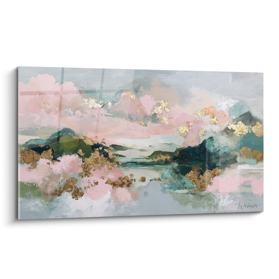 Tableau Paysage Abstrait Rose Turquoise et Or - Harmonie Céleste - Edition Feng shui Sud-Est Bois