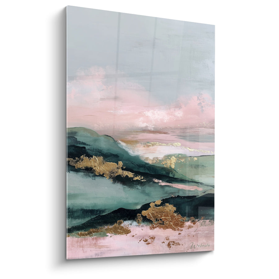Tableau Paysage Abstrait aux Nuances Rose et Vert Émeraude - Harmonie Céleste - Edition Feng shui Sud-Est Bois