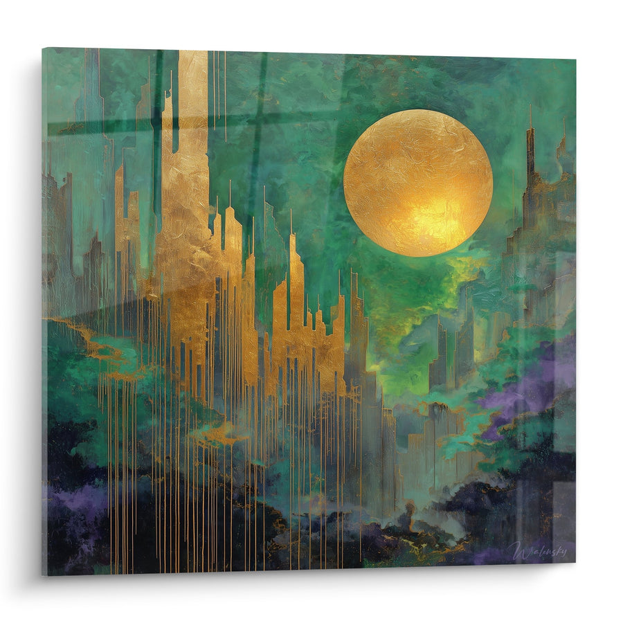 Tableau paysage abstrait doré et vert émeraude avec lune dorée - Harmonie Céleste - Edition Feng shui Sud-Est Bois