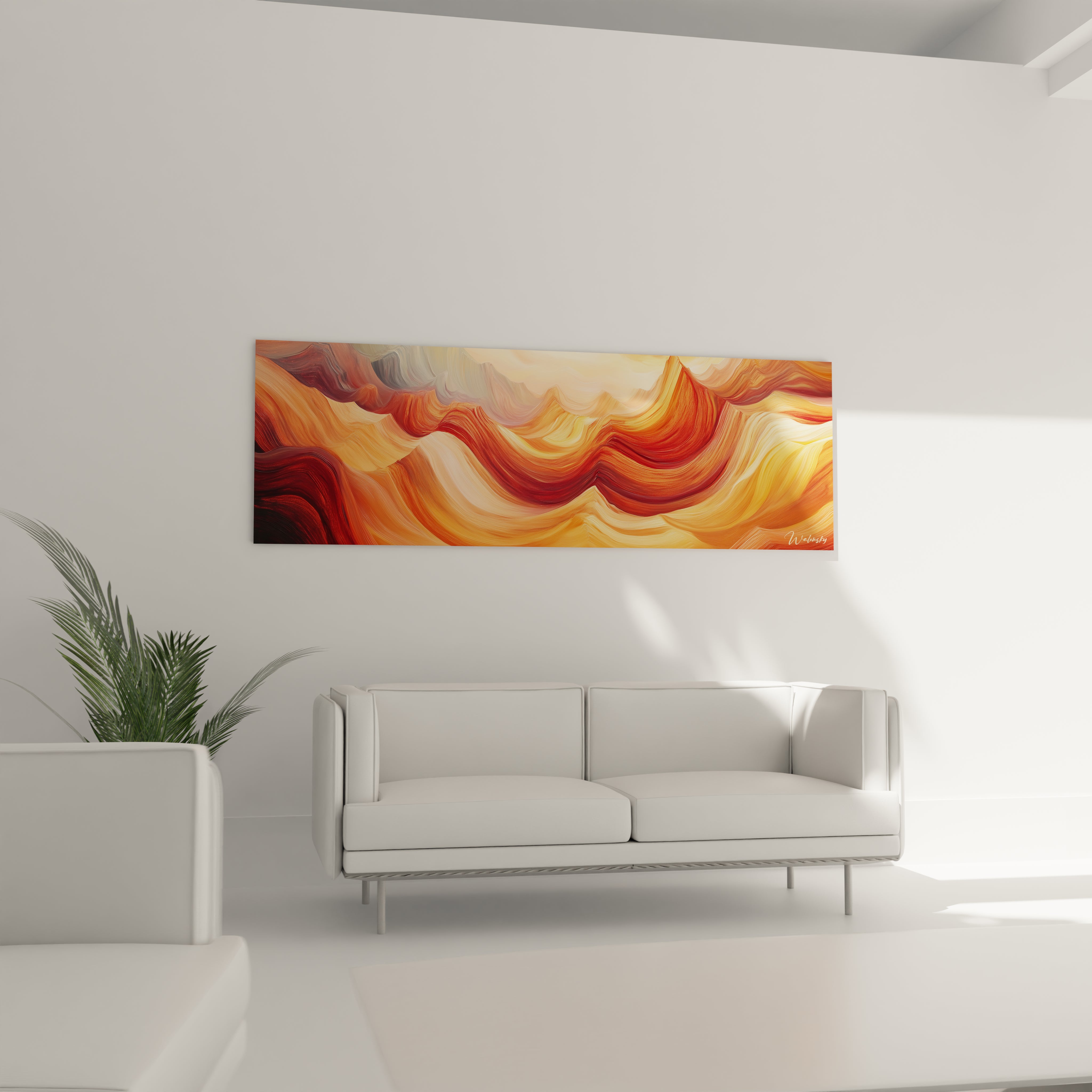 Tableau texturé abstrait aux tons chauds de rouge et orange de Walensky, parfait pour embellir votre espace