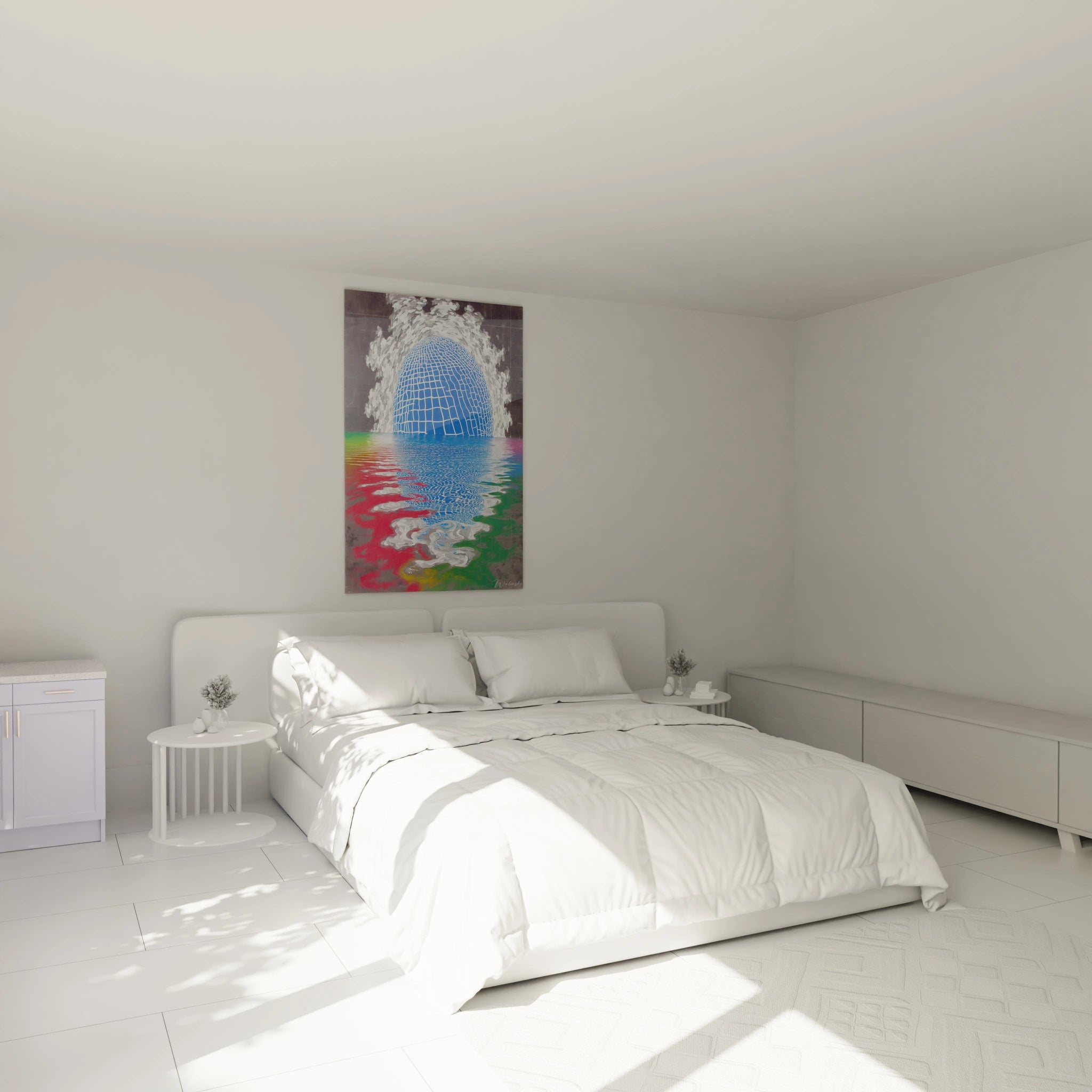 tableau op art abstrait Walensky accroche au dessus d un lit blanc dans une chambre minimaliste et lumineuse