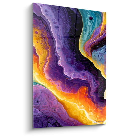 Tableau Coulée marbrée violette et orange alvéolée - Faille chromatique nocturne - Edition style Peinture abstrait