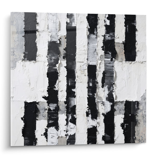 Cuadro abstracto de rayas negras y blancas texturizadas - Armonía contrastada - Edición Feng shui Oeste Metal