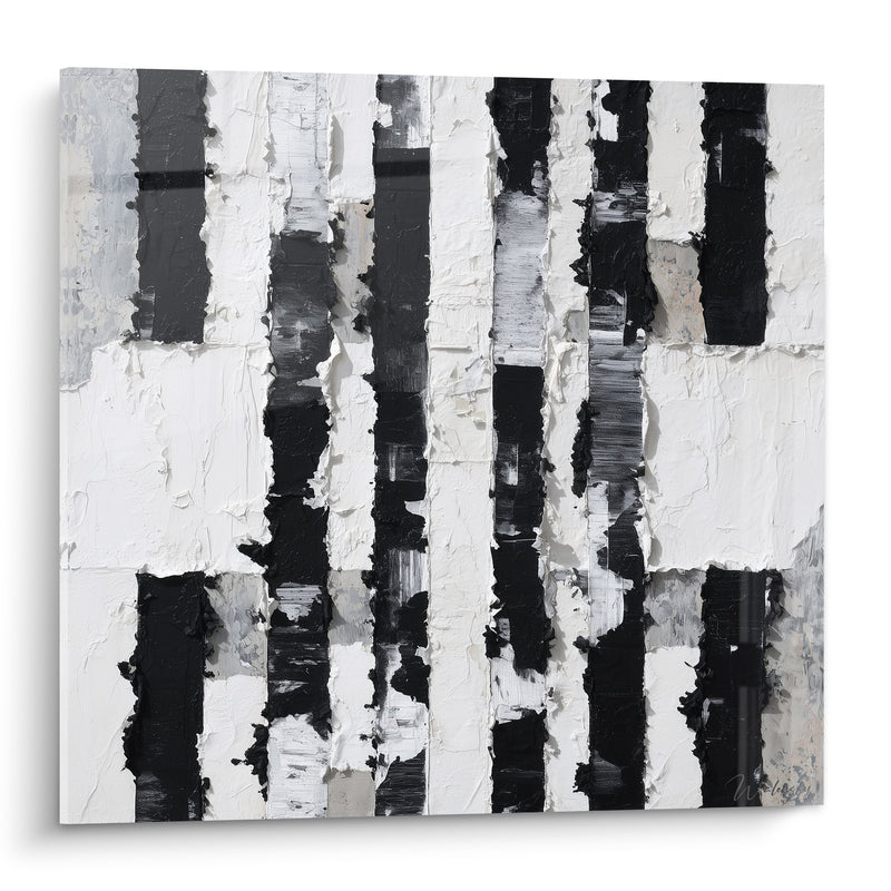Tableau abstrait rayures noires et blanches texturées - Harmonie contrastée - Edition Feng shui Ouest Métal