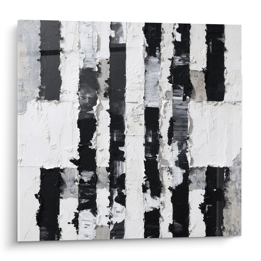 Tableau abstrait rayures noires et blanches texturées - Harmonie contrastée - Edition Feng shui Ouest Métal