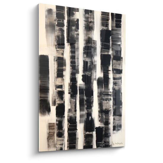Tableau abstrait rayures verticales noires beiges feng shui ouest metal composition moderne epuree