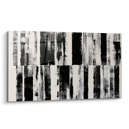 Tableau abstrait aux rayures verticales noir blanc gris avec textures brossees feng shui ouest metal