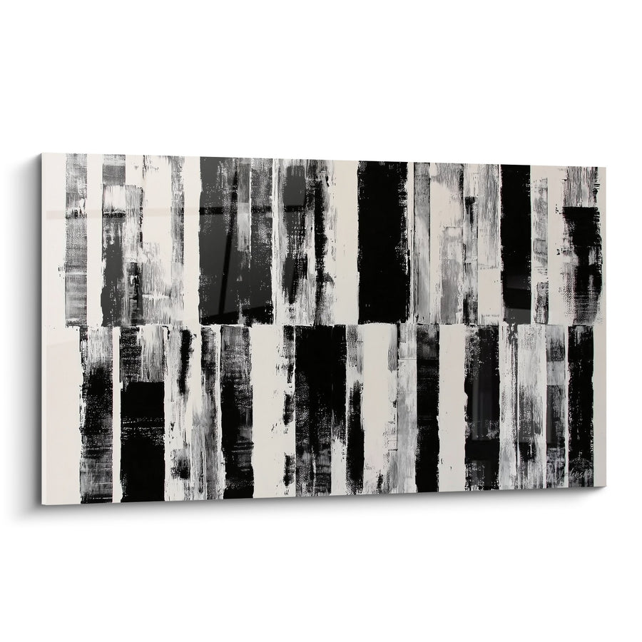 Tableau Abstrait Noir Blanc et Gris aux Rayures Verticales Texturées - Harmonie Monochromatique - Edition Feng shui Ouest Métal