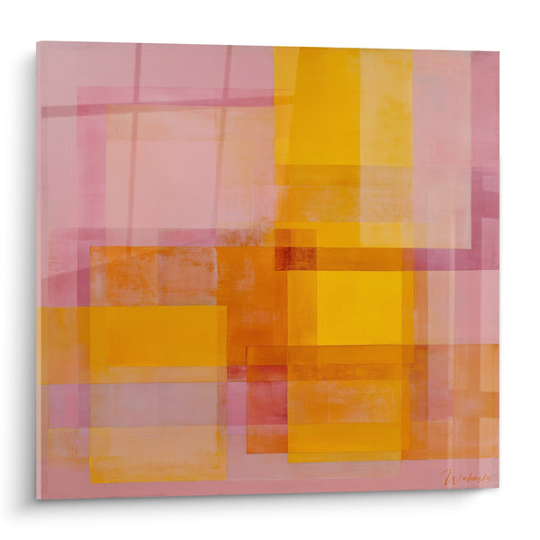 Abstracte compositie met doorschijnende oranje en roze rechthoeken - Geometrische Harmonie - Feng Shui Editie Zuidwest Aarde