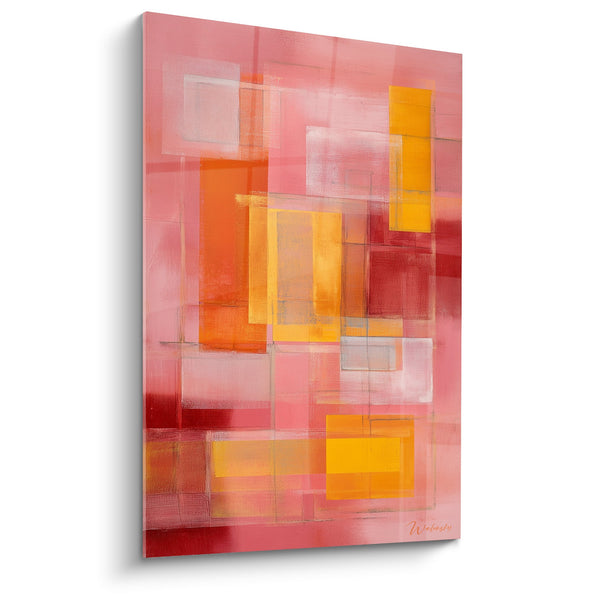 Abstract schilderij doorschijnende oranje en roze rechthoeken - Geometrische harmonie - Feng shui Zuidwest Aarde editie