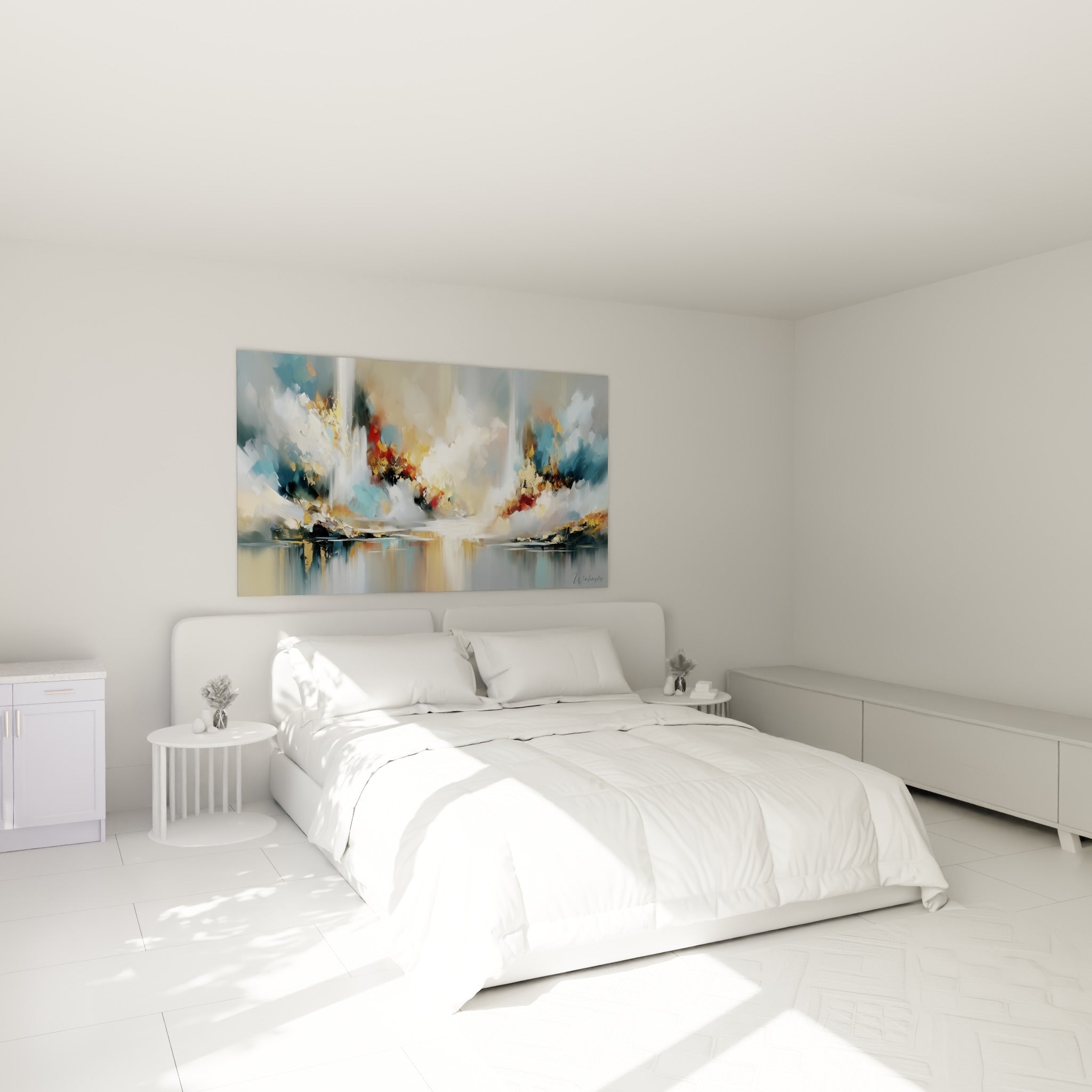 Nuances bleu pastel et doré se reflétant comme sur l'eau, au-dessus d'un lit dans une chambre claire