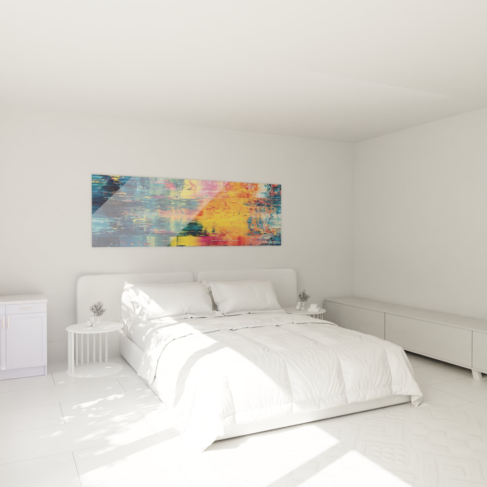 Tableau mural abstrait reflets aquatiques dans chambre contemporaine décoration