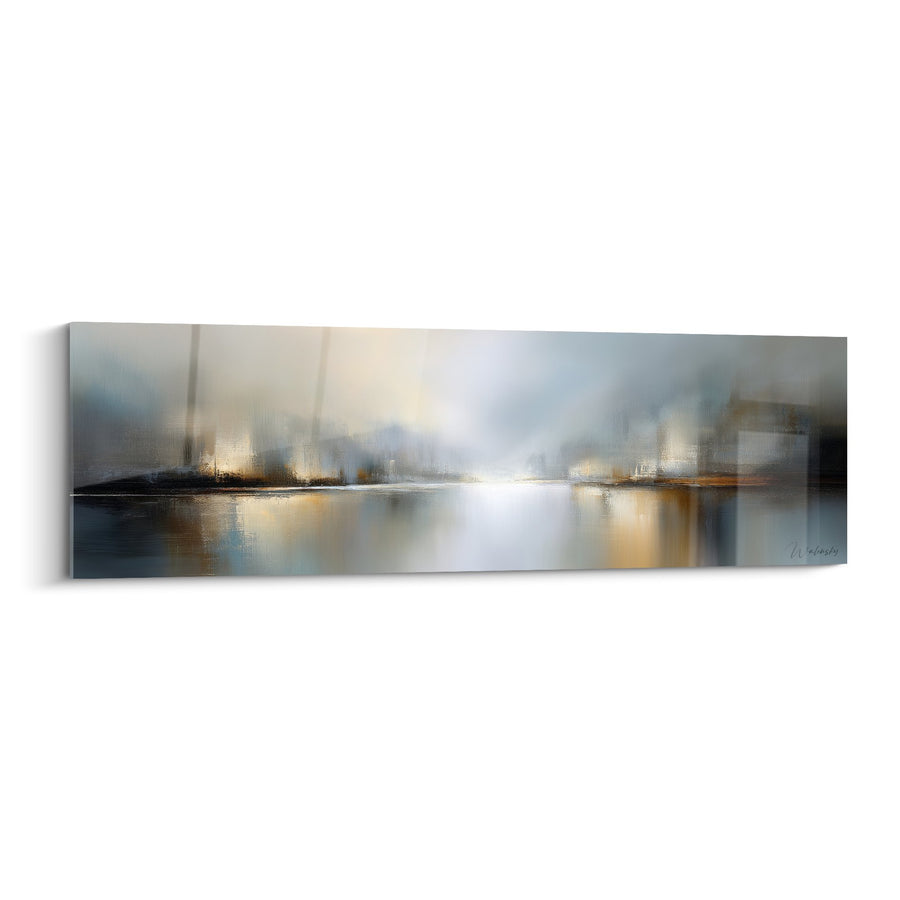 Tableau Paysage Abstrait aux Reflets Dorés et Bleus - Sérénité Aquatique - Edition Feng shui Nord-Ouest Métal