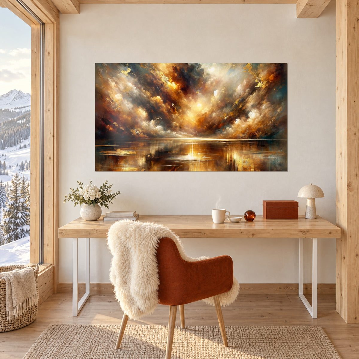 Quadro pennellate spesse in ambra e antracite, riflessi dorati sull'acqua, sul muro di un ufficio luminoso accanto a una sedia rosso-biondo
