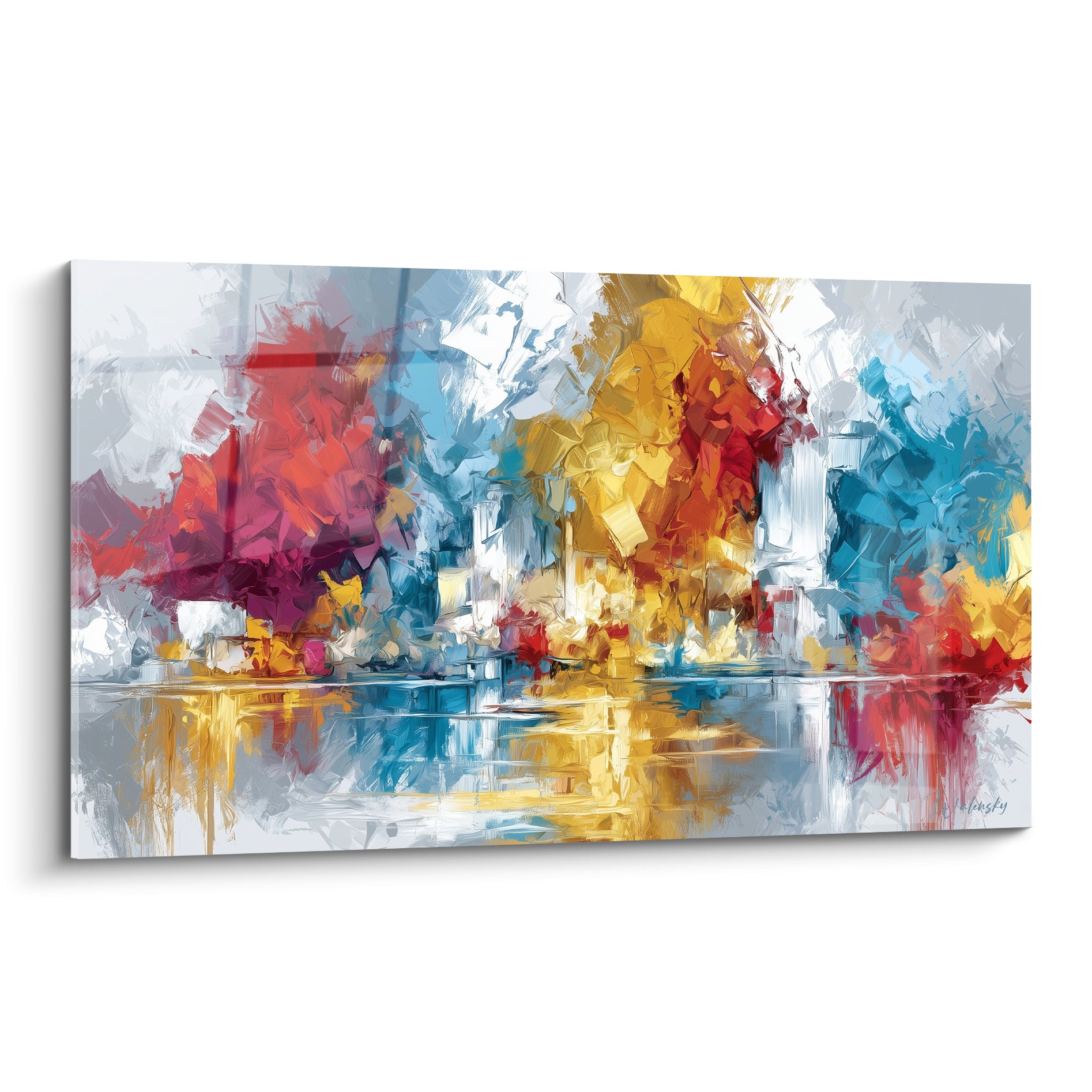 Tableau abstrait aux reflets dorés, rouge fauve et bleu turquoise, texture peinte au couteau