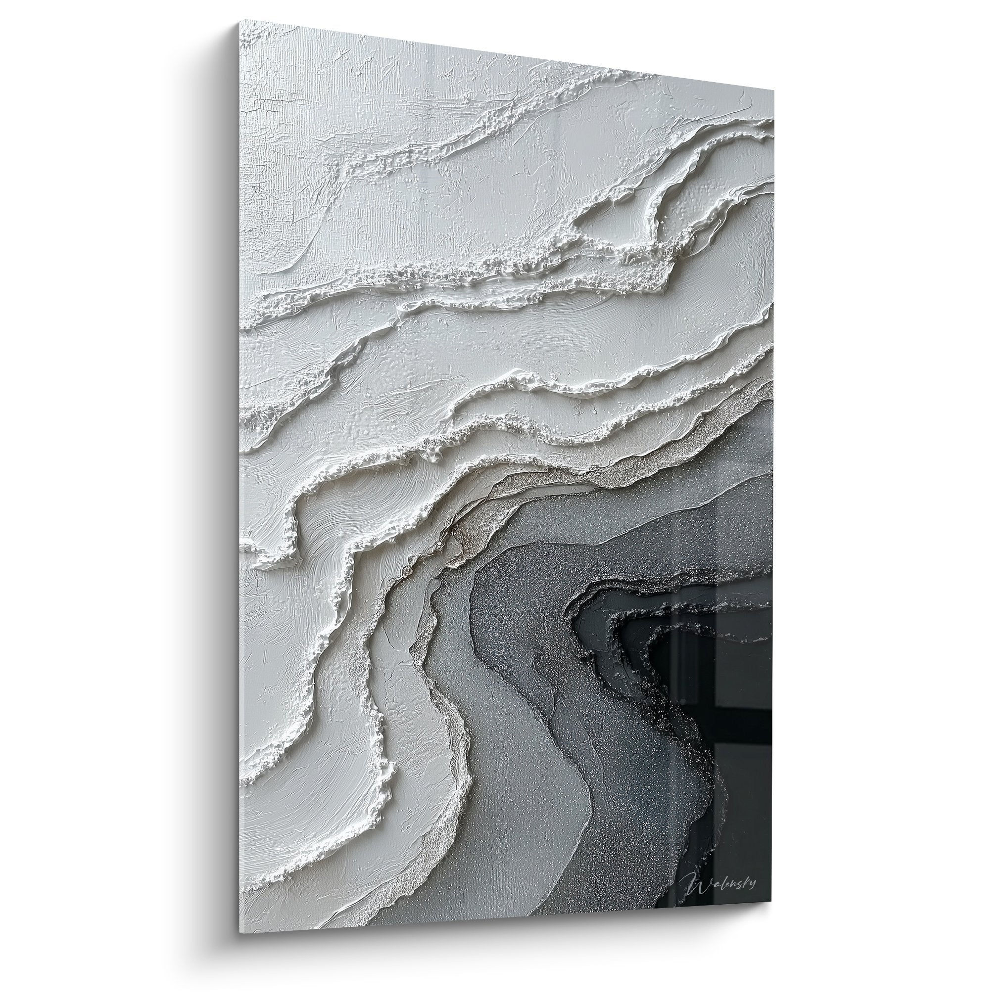 Tableau abstrait texture relief blanc gris ondulations organiques feng shui metal contemporain
