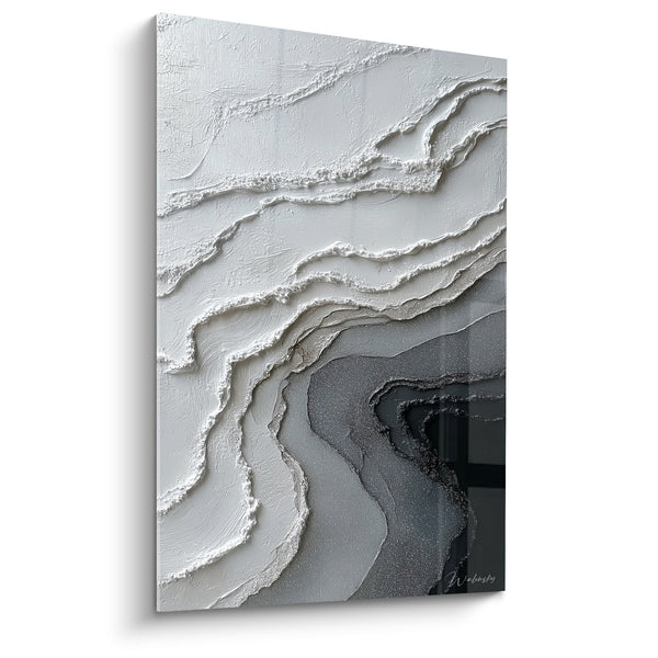Abstract textuur schilderij wit en grijs met organische golvingen - Minerale Harmonie - Feng Shui Noordwest Metaal Editie