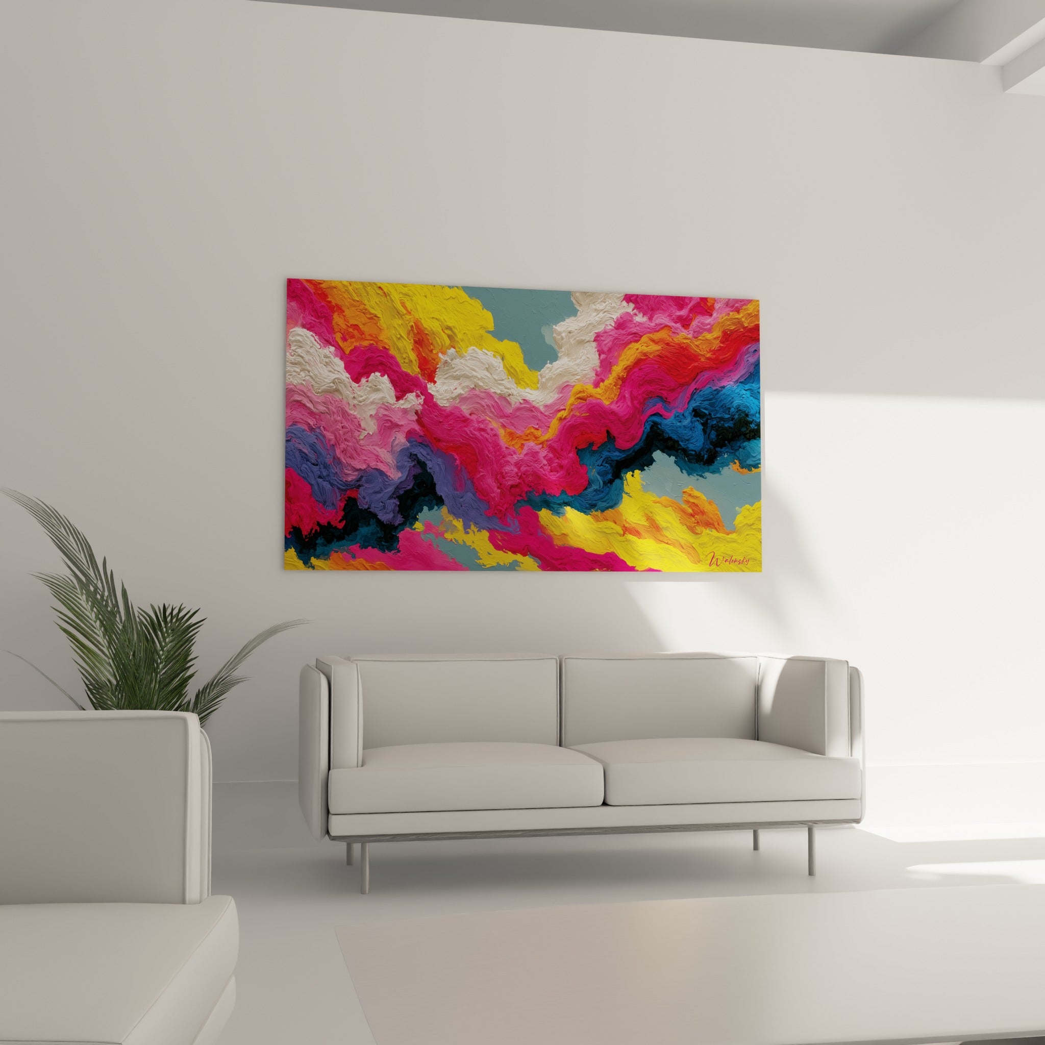 Matière peinte rose et orangée en relief sculptural au-dessus d'un canapé dans un salon lumineux