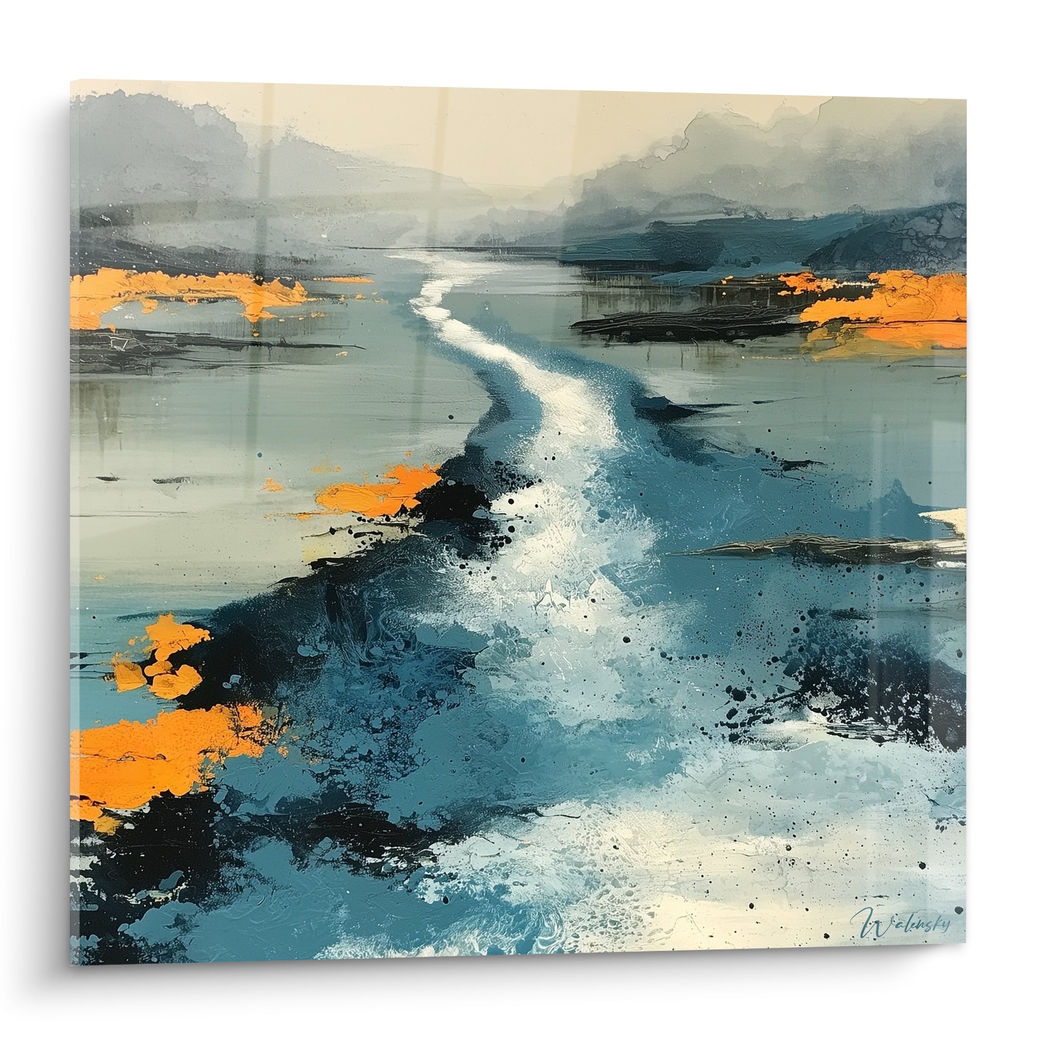 Rivière bleu nuit sinueuse traversant un paysage brumeux ponctué de touches orange vif, style Peinture abstrait