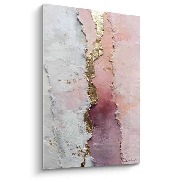 Abstracte roze wit gouden schilderij met gouden textuur - Minerale Harmonie - Feng shui Editie Zuidwest Aarde