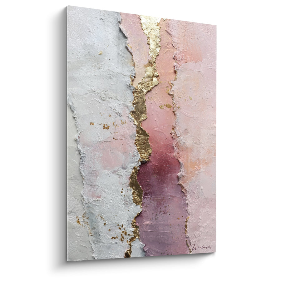 Tableau abstrait rose blanc or avec texture dorée - Harmonie Minérale - Edition Feng shui Sud-Ouest Terre