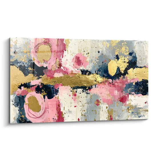Bandes abstraites roses, dorées et bleu marine texturées en relief, style Peinture abstrait contemporaine