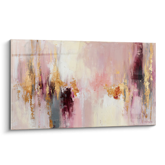 Tableau abstrait rose poudre dore bordeaux composition fluide harmonieuse feng shui terre