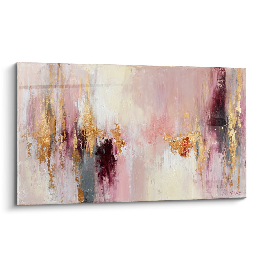 Tableau abstrait aux nuances roses et dorées avec touches bordeaux - Harmonie Rosée - Edition Feng shui Sud-Ouest Terre