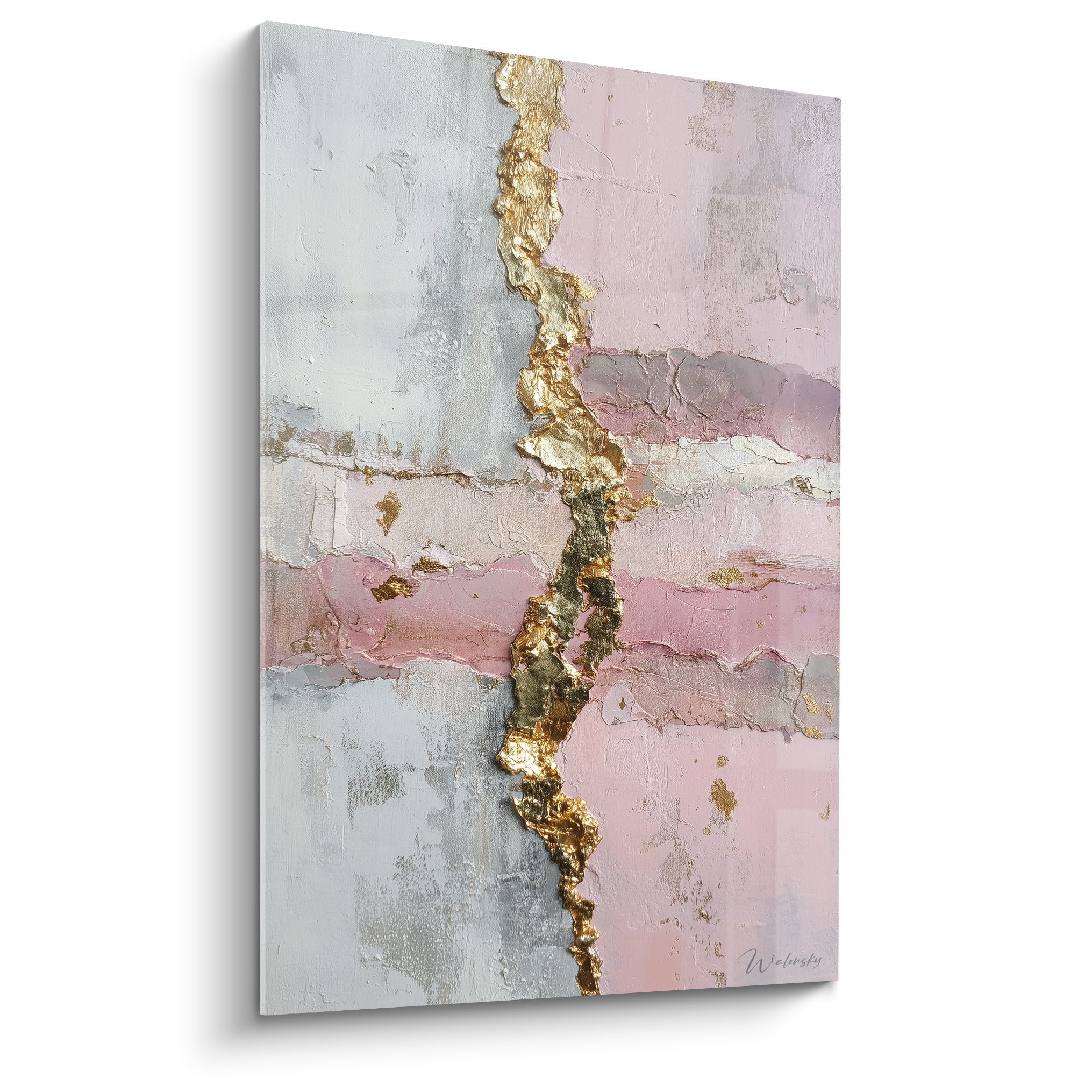 Tableau abstrait rose et doré avec faille dorée texturée traversant composition feng shui