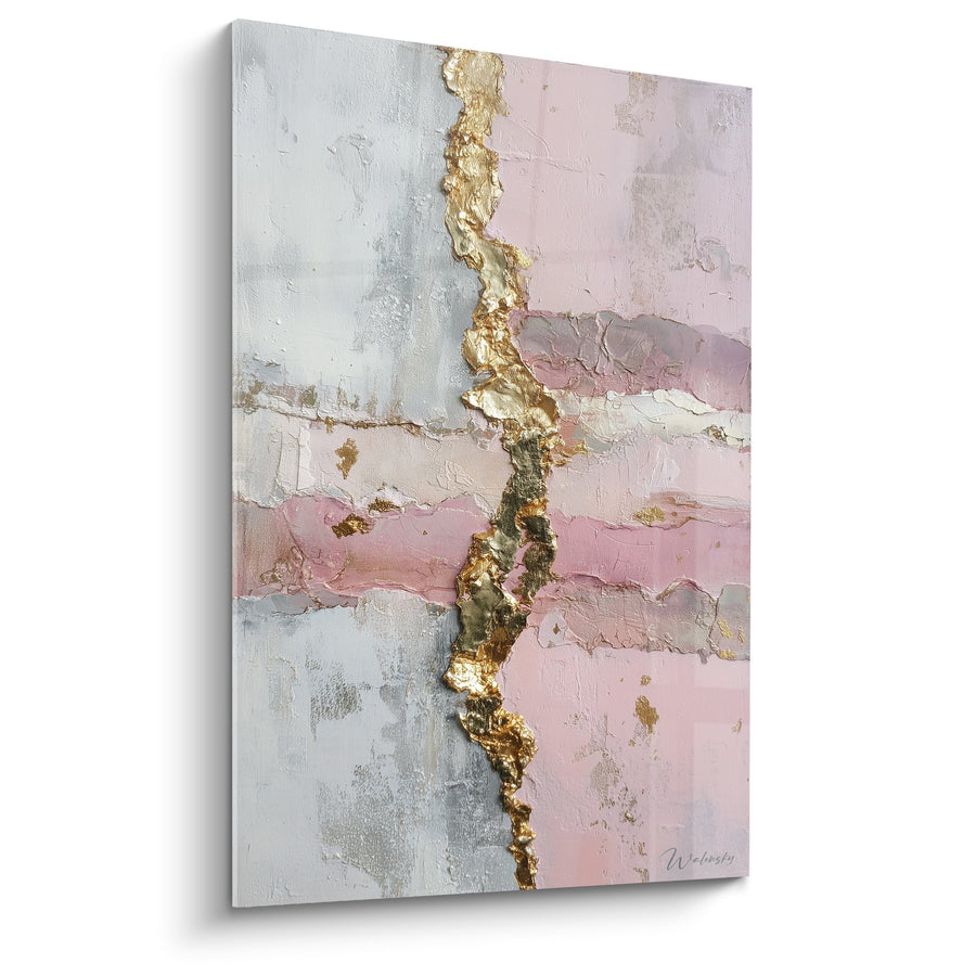 Tableau abstrait aux teintes rosées et dorées avec texture métallique - Harmonie Minérale - Edition Feng shui Sud-Ouest Terre
