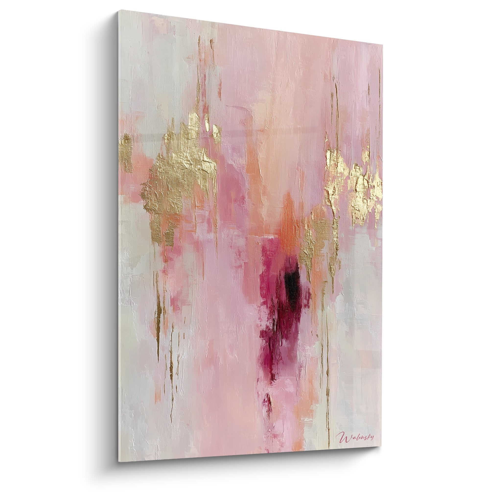 Abstract pink and gold painting with vertical drips and golden metallic touches on white background
