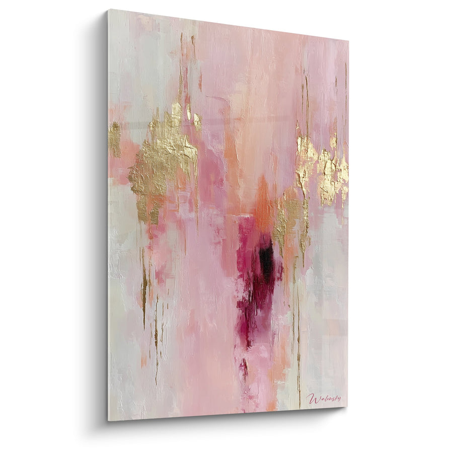 Tableau abstrait rose doré aux nuances tendres et touches dorées métalliques - Harmonie Cristalline - Edition Feng shui Sud-Ouest Terre