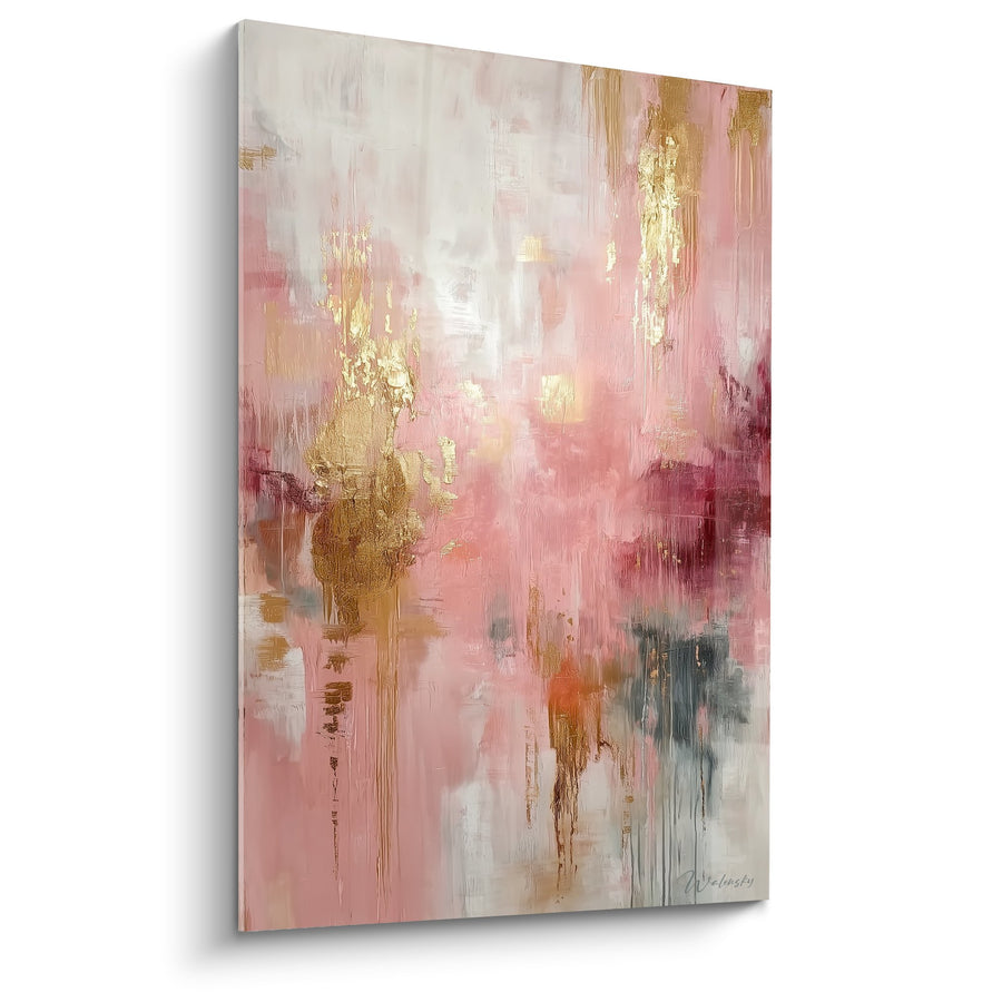 Tableau abstrait rose et doré aux couleurs pastel vaporeuses - Harmonie Céleste - Edition Feng shui Sud-Ouest Terre