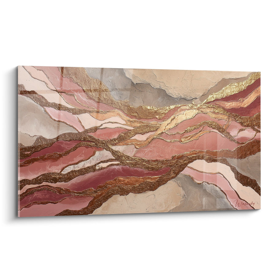 Tableau abstrait aux nuances roses dorées et textures fluides ondulantes - Harmonie Terrestre - Edition Feng shui Centre Terre