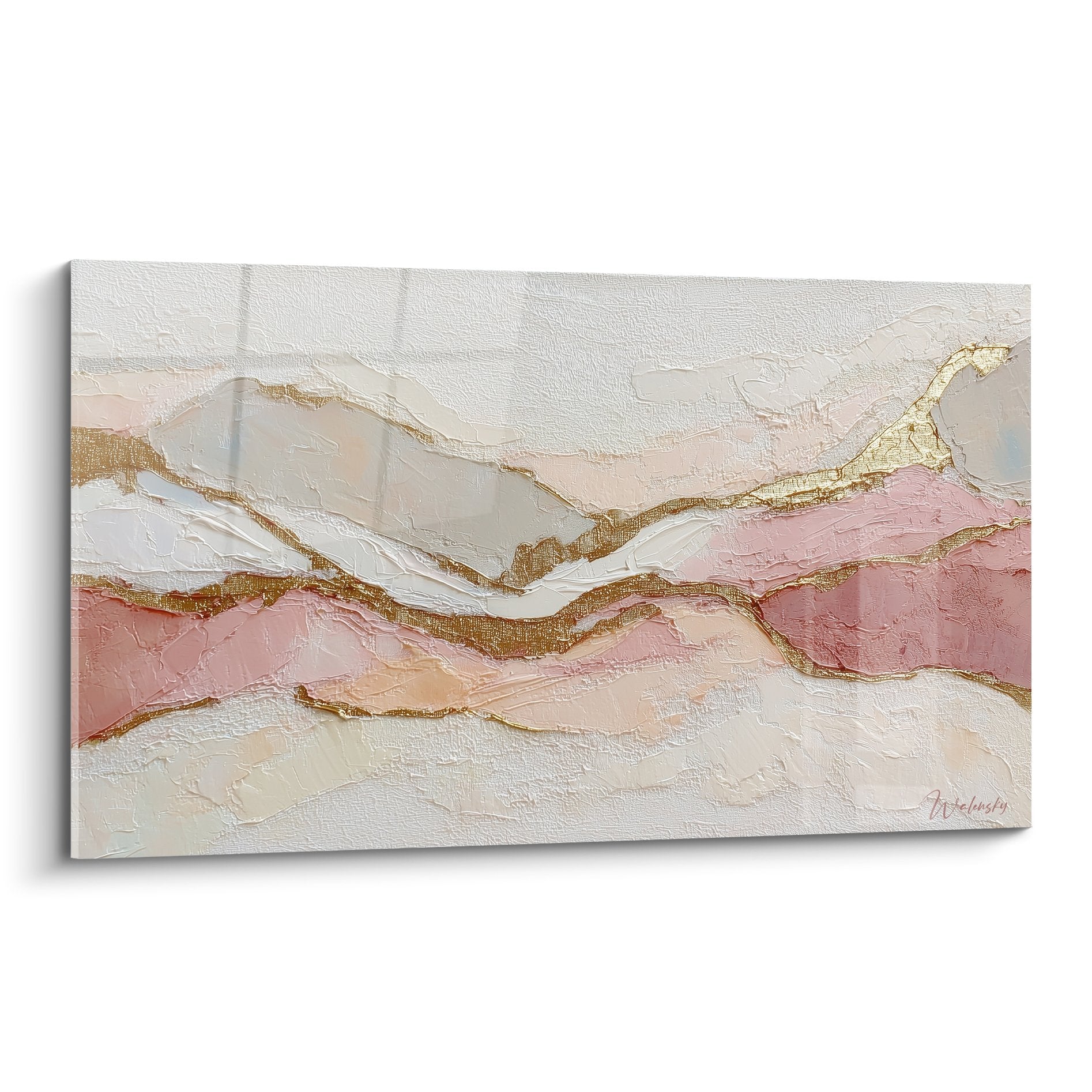 Abstract painting with golden veins on dusty pink background, contemporary geological feng shui earth center style
