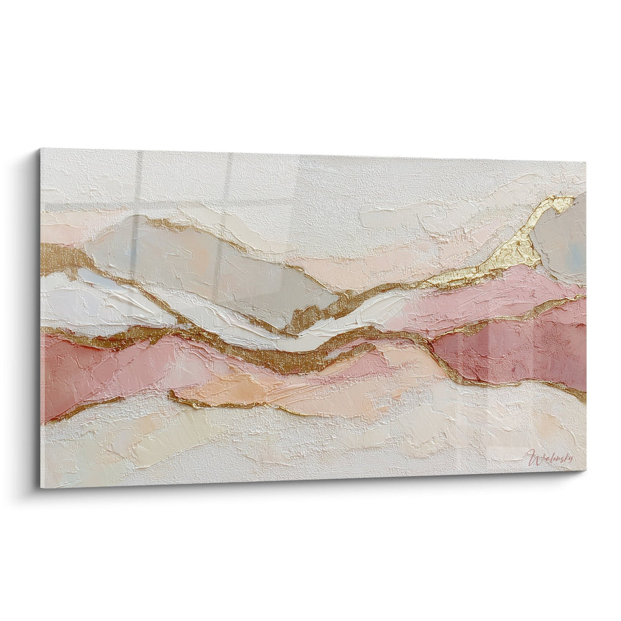 Tableau abstrait rose et doré aux veines métalliques - Harmonie terrestre - Edition Feng shui Centre Terre