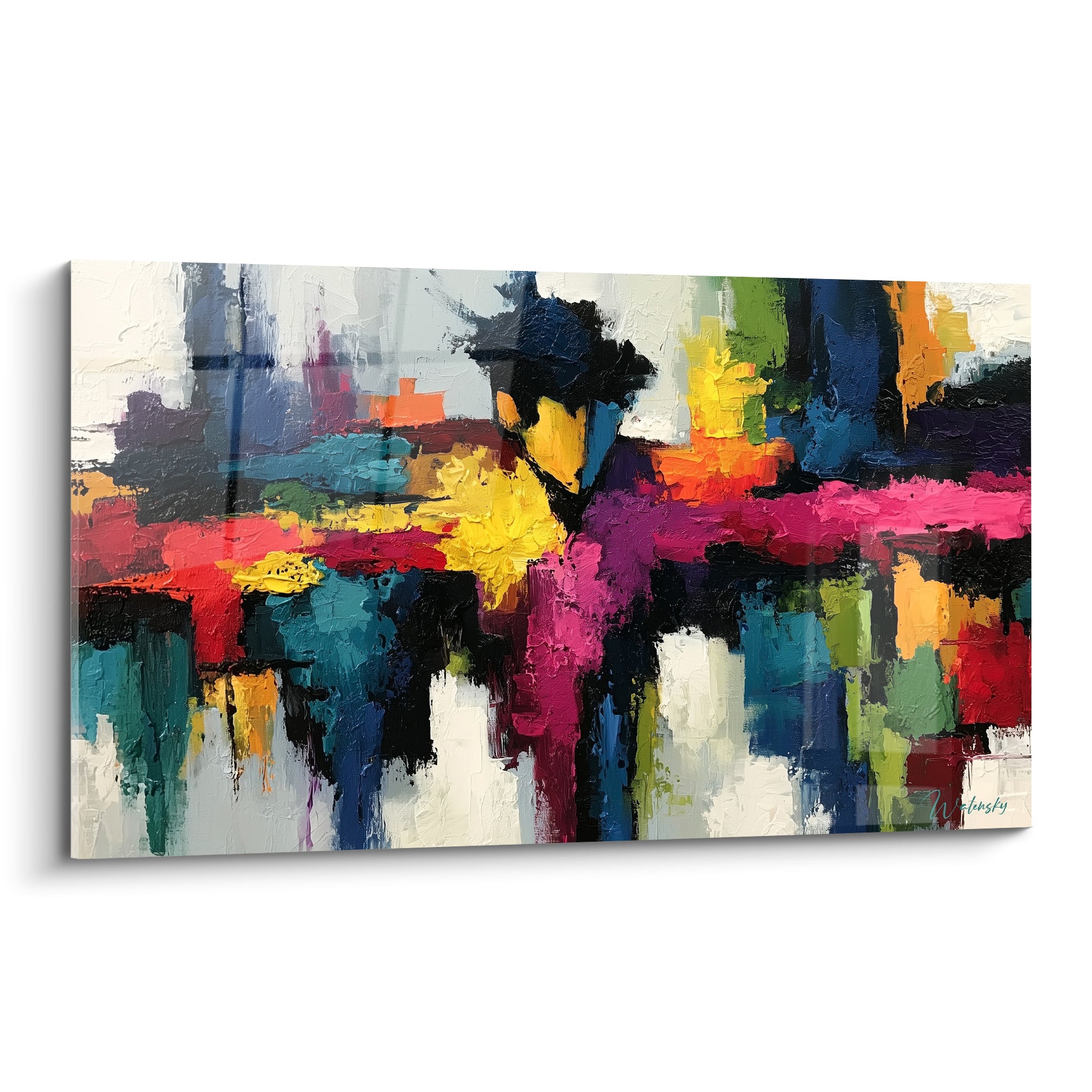 Tableau abstrait aux bandes roses, bleu sarcelle et jaunes en peinture texturée au couteau