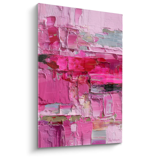 Tableau abstrait contemporain aux empâtements roses et fuchsia, technique expressive sur toile moderne