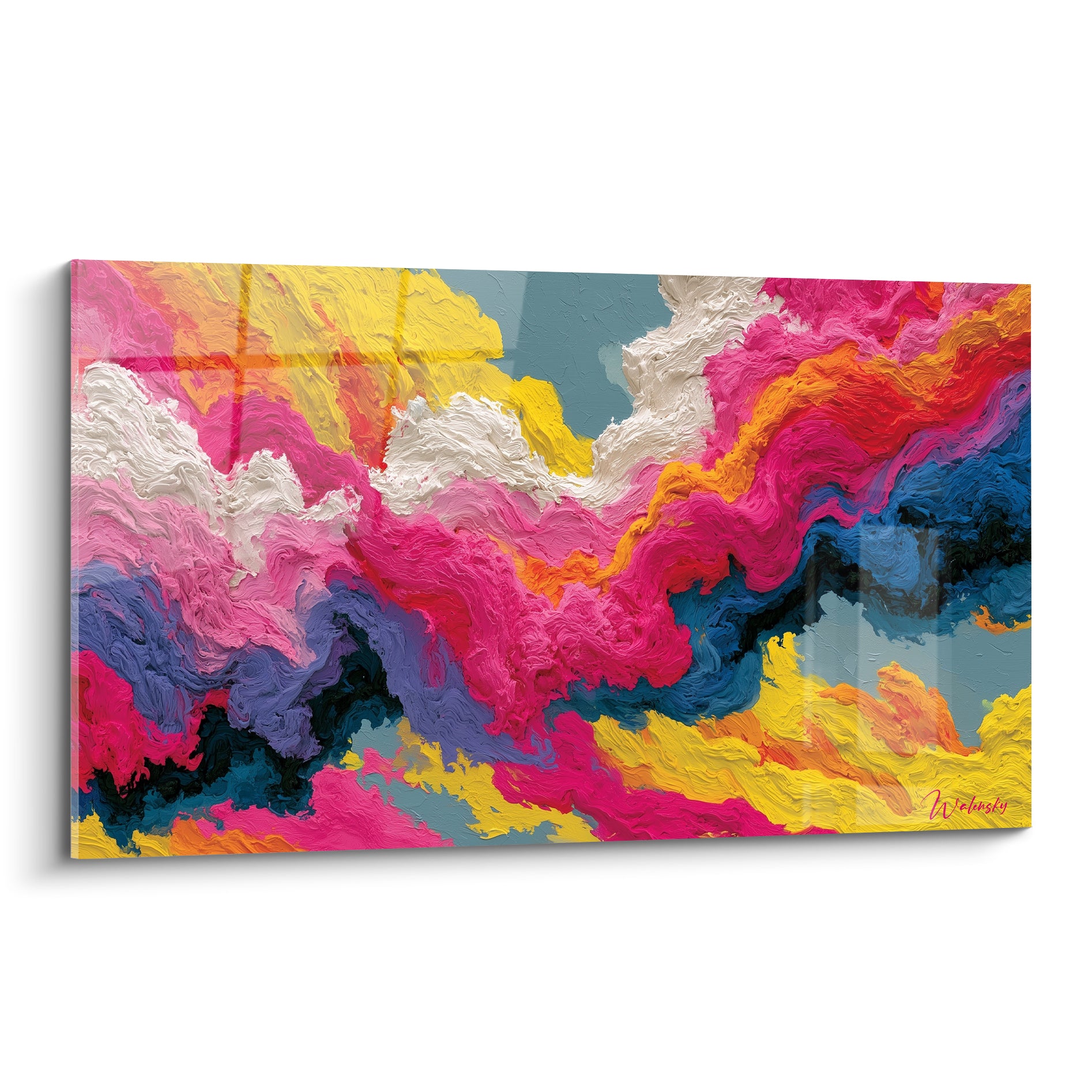 Vagues épaisses de peinture rose fuchsia, jaune doré et bleu ardoise en mouvement abstrait