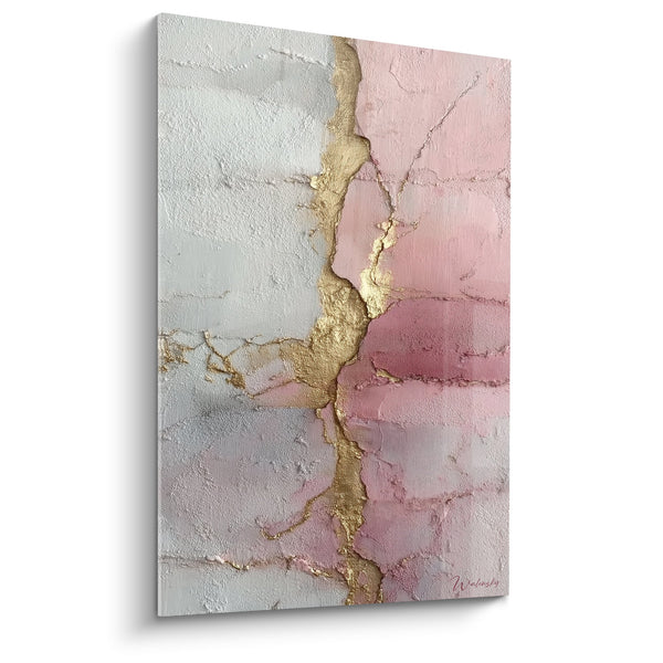 Abstract roze en grijze schilderij met gouden scheuren - Terrestre Harmonie - Feng Shui Zuid-West Aarde Editie