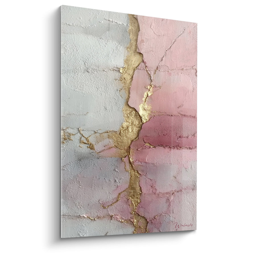 Tableau abstrait rose et gris avec fissures dorées - Harmonie Terrestre - Edition Feng shui Sud-Ouest Terre