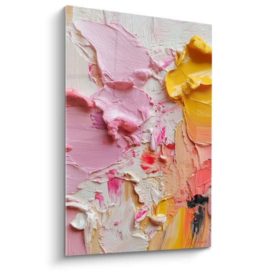Peinture abstraite empâtée rose jaune relief sculptural feng shui sud-ouest terre harmonie florale