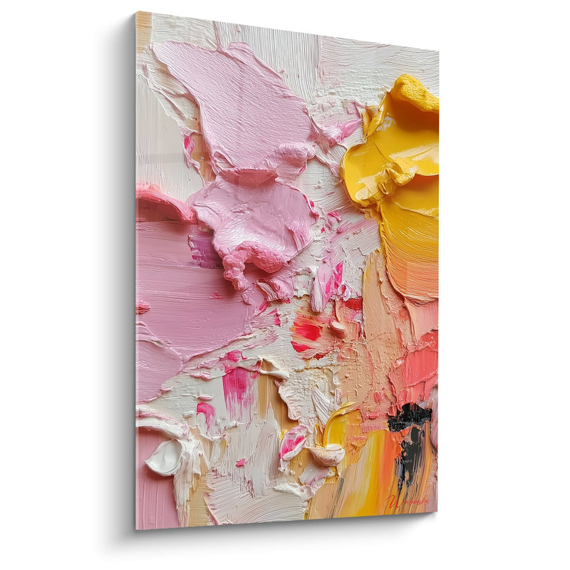Tableau peinture abstraite rose et jaune empâtée - Harmonie florale - Edition Feng shui Sud-Ouest Terre