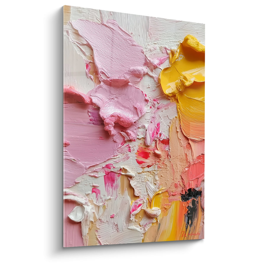 Tableau peinture abstraite rose et jaune empâtée - Harmonie florale - Edition Feng shui Sud-Ouest Terre