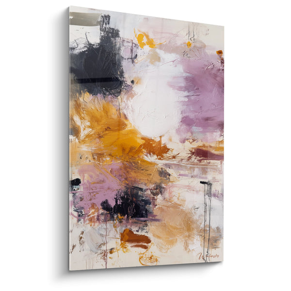 Abstract schilderij roze lavendel en okergeel met expressieve zwarte toetsen - Kleurharmonie - Feng shui-editie Zuidoost Hout