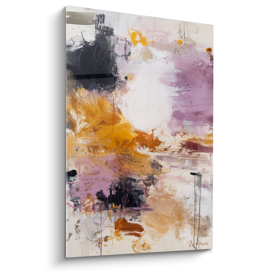 Tableau abstrait rose lavande et ocre jaune aux touches noires expressives - Harmonie Colorée - Edition Feng shui Sud-Est Bois
