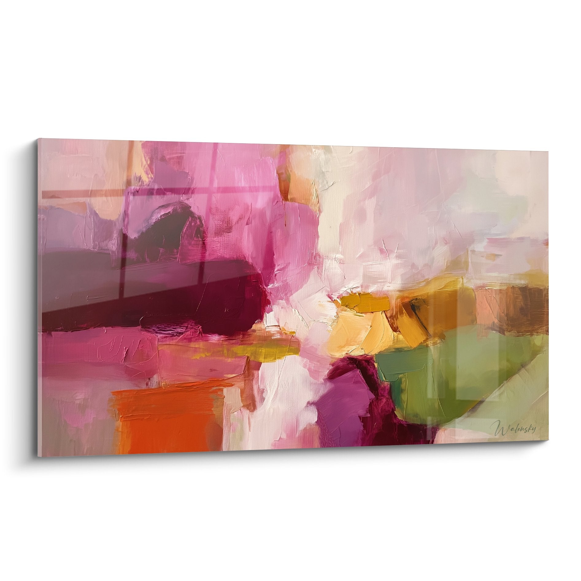 Tableau abstrait rose magenta touches dorees composition libre feng shui sud feu